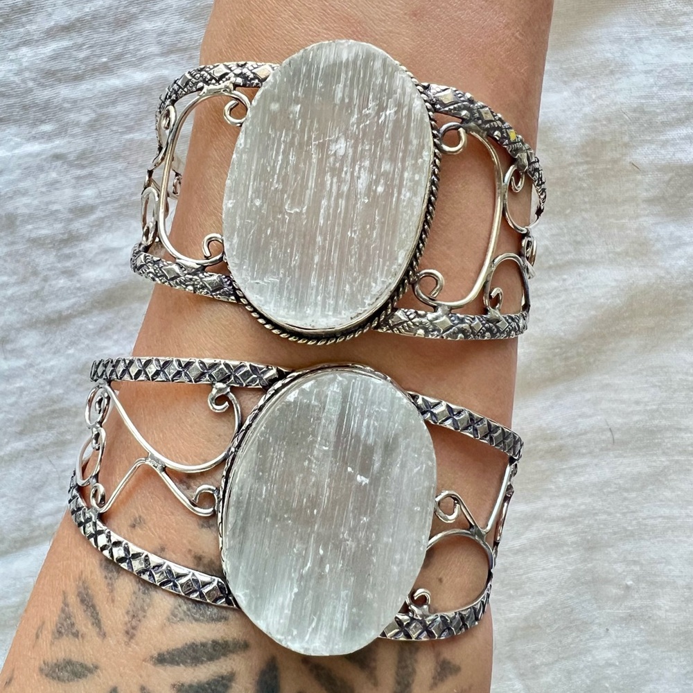 925 Raw Selenite Crystal Charging Cuff Bracelet